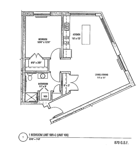 Floor plan for 1 bed, 1 bath, 870 sqft